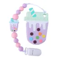 Silicone boba tea teether pacifier clip set with colorful macaron beads on white background - Purple