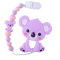 Purple silicone koala baby teether set with matching beaded pacifier clip chain - Purple