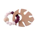 Baby teething ring set with pink silicone beads and a natural beech wood leaf pendant - Burgundy