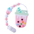 Silicone baby pacifier clip with macaron beads and boba tea shaped teether toy - Pink