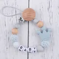 Close-up of silicone pacifier clip with baby beads, crown detail and wooden beads - Grey Blue (New)