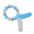 Blue and marble silicone baby teether ring with feather charms for soothing gums - Blue