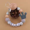 Silicone pacifier clip with wood beads, gray crown pendant and BABY letter beads - Grey (New)