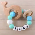 Silicone baby teether toy with beech wood whale and blue beads featuring BABY letter beads - Whale