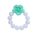 Baby teething ring toy with mint green silicone rose and white beads on white background - White