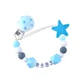 Detail of light blue silicone pacifier clip with star-shaped beads and BABY letter blocks - Blue Star