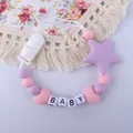 Baby pacifier clip with pink, purple, and white silicone beads featuring BABY letter beads - Purple