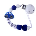 Blauer Silikon Schnullerkette mit Auto-Charm und BABY-Buchstabenperlen - Saphirblau