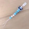 Sujetachupetes de silicona azul y blanco con cuenta de panda para la dentición del bebé - Azul