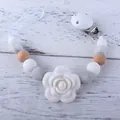 Baby silicone pacifier clip with large white rose pendant and natural wooden beads - White