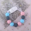 Catenella portaciuccio con perline in silicone blu rosa e grigio su rete rosa - Blu Grigio Rosa