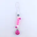 Detail of pink and grey silicone bead pacifier clip with metal clamp and bells - Rose Red