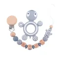 Gray silicone turtle teether set with wood pacifier clip featuring BABY letter beads - Gray