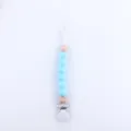 Detail of baby silicone pacifier clip with sky blue beads and natural wood accents - Blue
