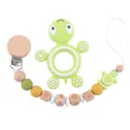 Green silicone turtle teether and wood bead pacifier clip set with BABY lettering - Yellow