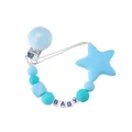 Blue star silicone pacifier clip with BABY letter beads and teal teething beads - Blue Big Star Style