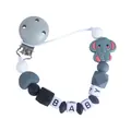 Baby pacifier clip with grey elephant teether and silicone letter beads in white and grey - Dark Gray