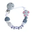 Baby pacifier clip with grey elephant teether and silicone letter beads spelling BABY - Gray