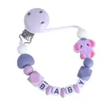 Purple silicone baby pacifier clip with elephant teether and white letter beads - Purple