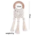 Handmade beech wood teething ring with woven cotton rope tassels in beige white - Beech Style 3