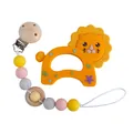 Baby teething set featuring orange silicone lion teether and a colorful pacifier clip - Orange Set