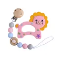Pink silicone lion baby teether with colorful wood bead pacifier clip set - Pink Jewelry Set