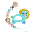 Blue lion silicone baby teether toy with pastel bead pacifier clip and wooden ring - Lake Blue Set