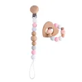 Pink and grey silicone bead pacifier clip with heart-shaped beech wood baby rattle - Heart Teether And Clip Combo