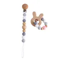 Baby beech wood pacifier clip and rabbit ear teething ring set in pink and grey tones - Rabbit Head Set