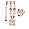 Pink and white wooden baby teether and pacifier clip set with Baby engraving - Star Set