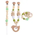 Green and wood baby teething set with pacifier clip, bird rattle and wooden rings - Bird Set