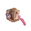 Pink knit bear pacifier clip with baby wooden beads and silicone feather teether - Pink Bear
