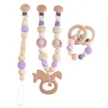 Lavender wooden baby teether set with pacifier clip and pony shaped rattle toy - Squirrel Set