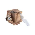 Beech wood pacifier clip with crochet puppy, BABY letters and silicone feather - Beige Dog