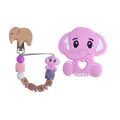 Pink elephant silicone teether with purple and pink beaded pacifier clip for baby - Purple Jewelry Set