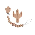 Natural beech wood cactus pacifier clip and teething toy set with round wooden beads - Pacifier Chain And Teether Set