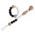 Baby pacifier clip with black and white silicone beads and natural beech wood textures - Clip And Bracelet Combo / White Zirconia Set