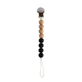 Pacifier clip with silver metal grip, four natural wood beads and four black silicone beads - Natural Wood and Black Beads Style 8 (#8)