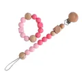Pink silicone and beech wood baby teething ring set with pacifier clip - Clip And Bracelet Combo / Pink Jewelry Set