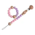 Pink and purple silicone beads baby pacifier clip with natural beech wood accents - Purple Jewelry Set