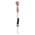 Baby pacifier clip with beech wood and black white silicone beads on white background - White Pacifier Chain