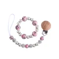 Pink and leopard print silicone bead pacifier clip set with wooden clasp and teething ring - Bracelet And Pacifier Clip / Pink