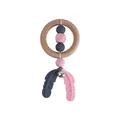 Pink and grey silicone beads baby teether with wooden ring and feather pendants - Pink