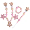Pink and wood baby pacifier clip set with crochet beads and star-shaped teethers - Teether Clip Bracelet Pendant / Pink Jewelry Set