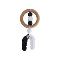 DIY wooden baby rattle with black and white silicone feather pendants and metal bell - Black and White