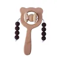 Brown bear wooden rattle baby teether with dark coffee silicone beads on white background - Coffee Brown Bear
