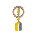Baby teething rattle with yellow and grey silicone feather beads and wooden ring - Bright yellow