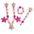 Pink silicone and wooden baby pacifier clip set with star charm and teething ring - Teether Clip Bracelet Pendant / Rose Red Set