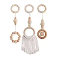 Lot de 3 jouets d'éveil en bois de hêtre et coton tressé blanc pour portique bébé - Pendentif à Franges Tissé / Couleur bois naturel