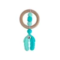 Silicone feather baby teether with mint green beads and a natural wood ring - Turquoise Green